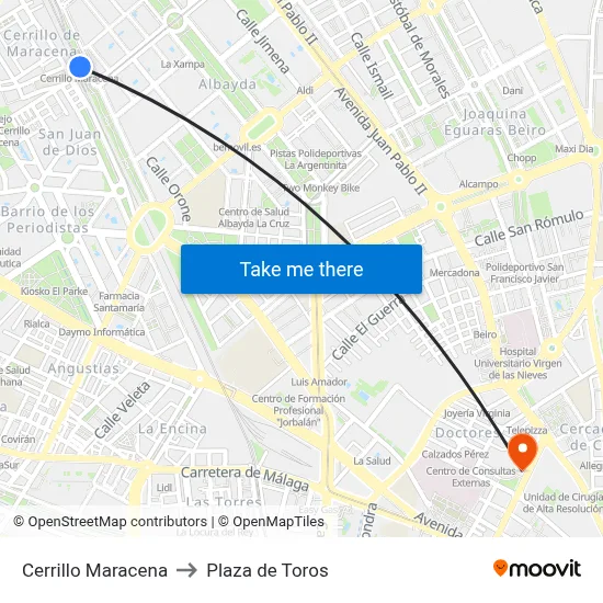 Cerrillo Maracena to Plaza de Toros map