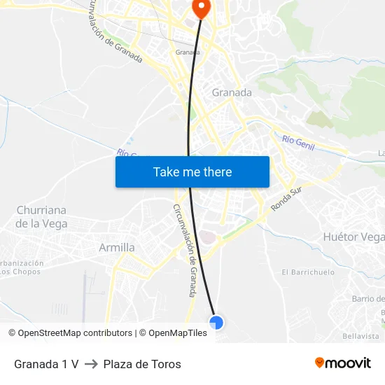 Granada 1 V to Plaza de Toros map