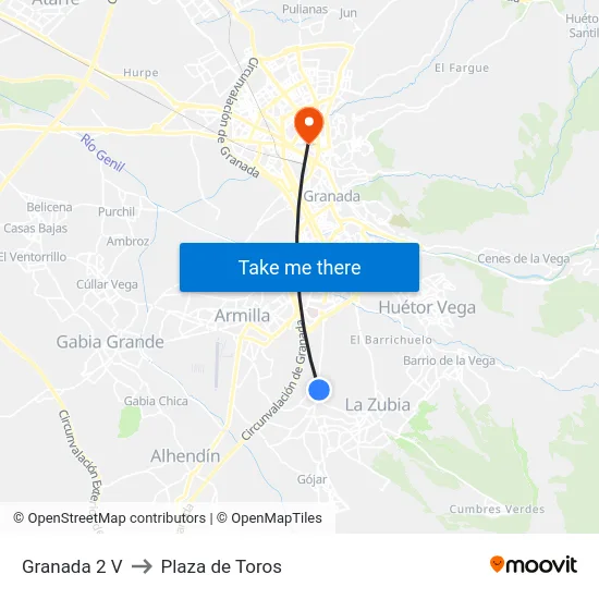 Granada 2 V to Plaza de Toros map