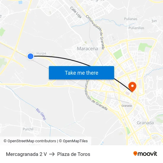 Mercagranada 2 V to Plaza de Toros map