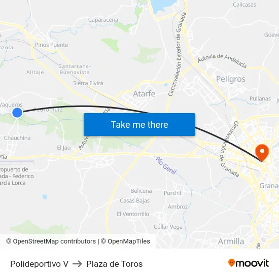 Polideportivo V to Plaza de Toros map
