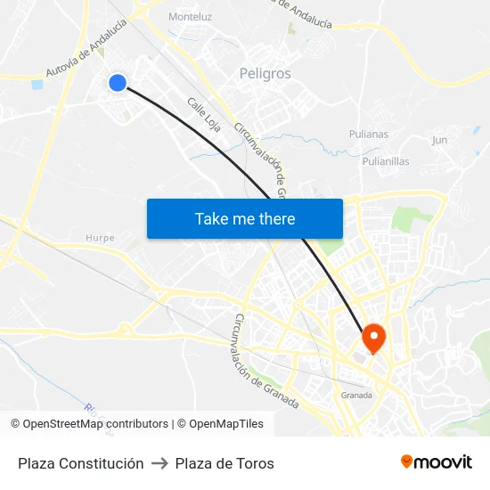 Plaza Constitución to Plaza de Toros map
