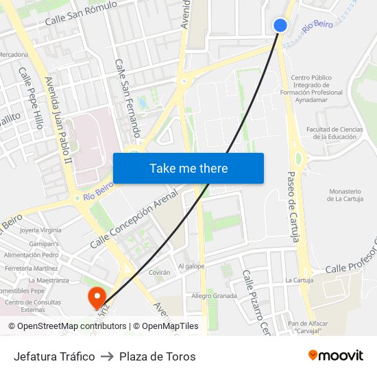 Jefatura Tráfico to Plaza de Toros map