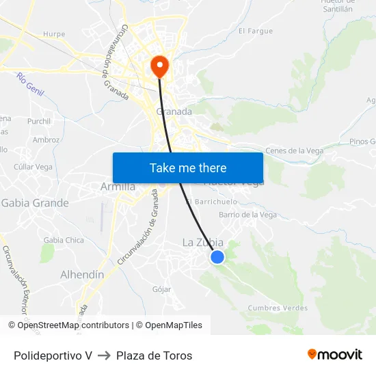 Polideportivo V to Plaza de Toros map