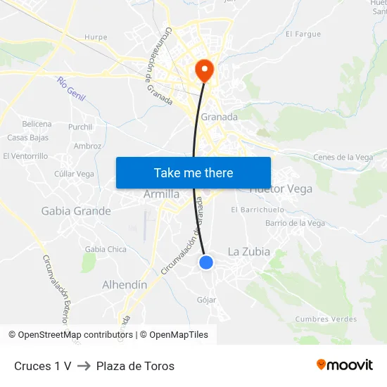 Cruces 1 V to Plaza de Toros map