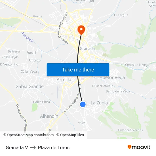 Granada V to Plaza de Toros map