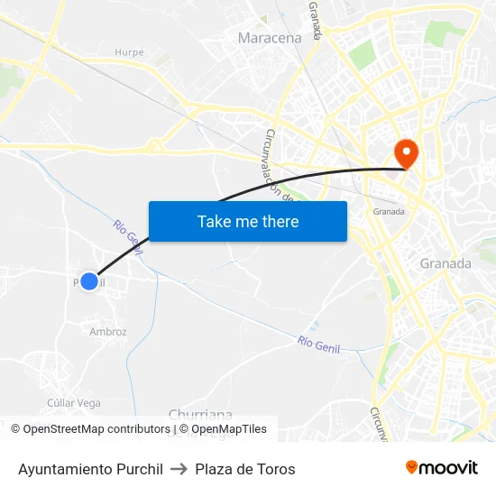 Ayuntamiento Purchil to Plaza de Toros map