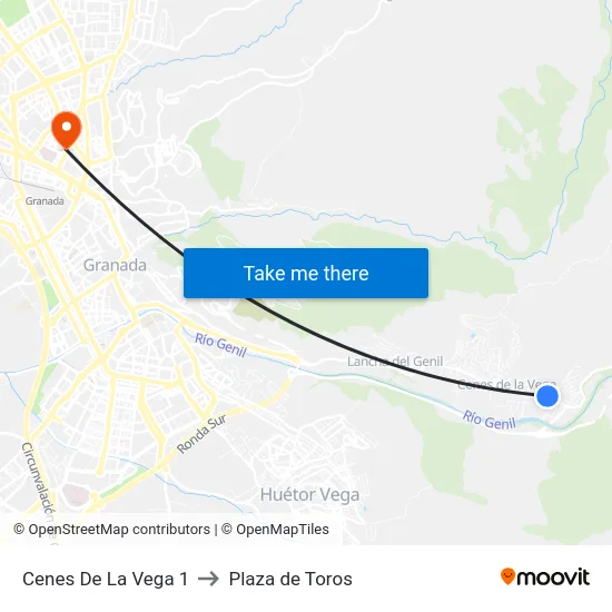 Cenes De La Vega 1 to Plaza de Toros map