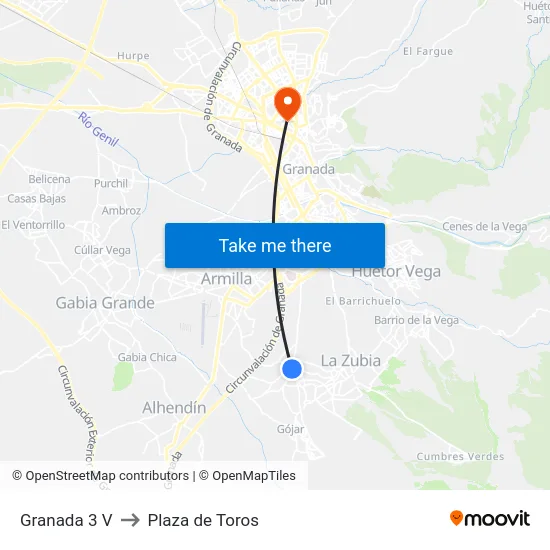 Granada 3 V to Plaza de Toros map