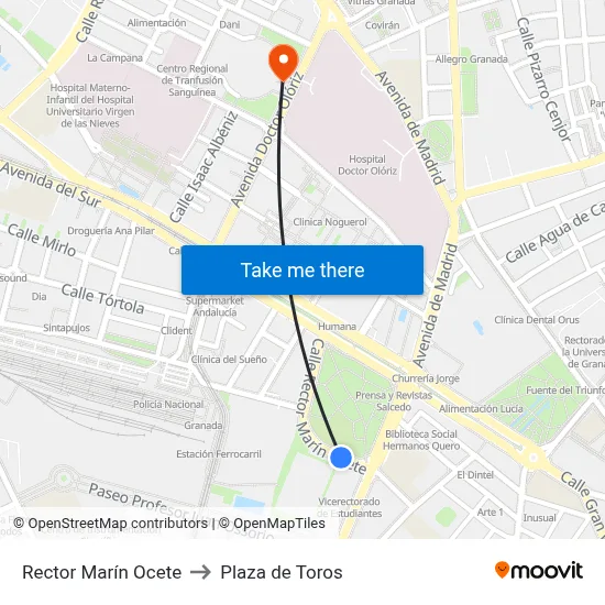 Rector Marín Ocete to Plaza de Toros map