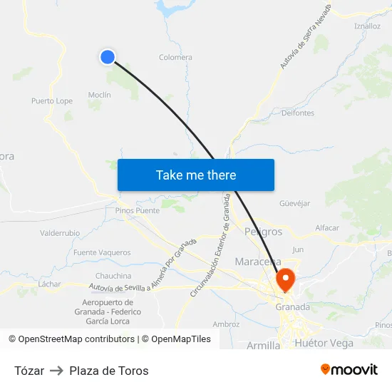 Tózar to Plaza de Toros map
