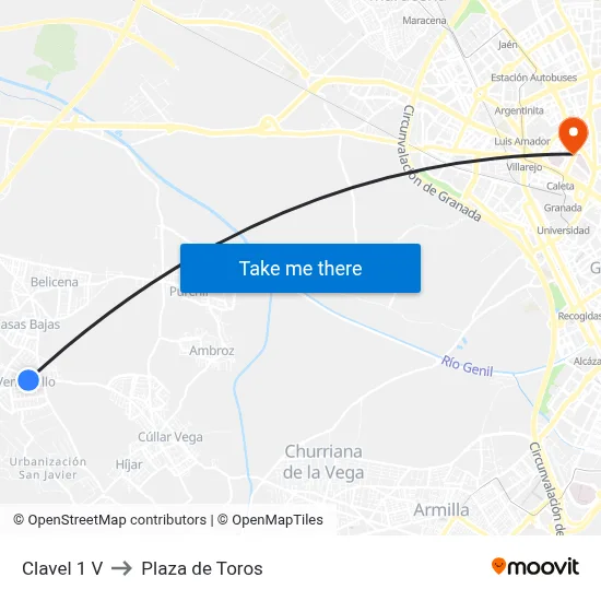 Clavel 1 V to Plaza de Toros map