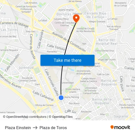 Plaza Einstein to Plaza de Toros map
