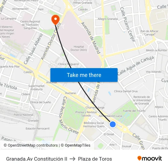 Granada.Av Constitución II to Plaza de Toros map