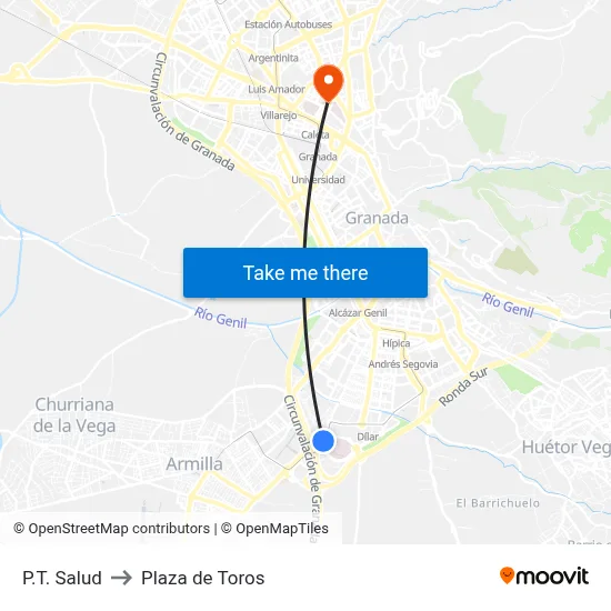 P.T. Salud to Plaza de Toros map