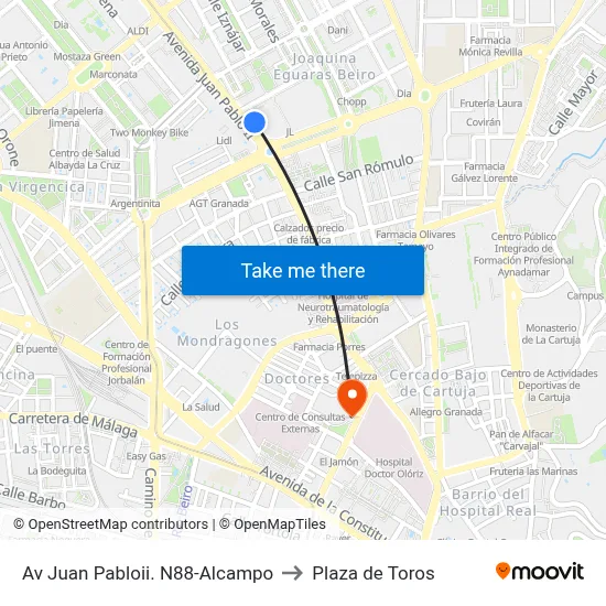 Av Juan Pabloii. N88-Alcampo to Plaza de Toros map