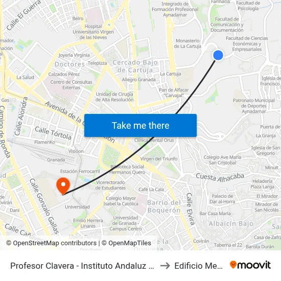 Profesor Clavera - Instituto Andaluz De Geofísica to Edificio Mecenas map