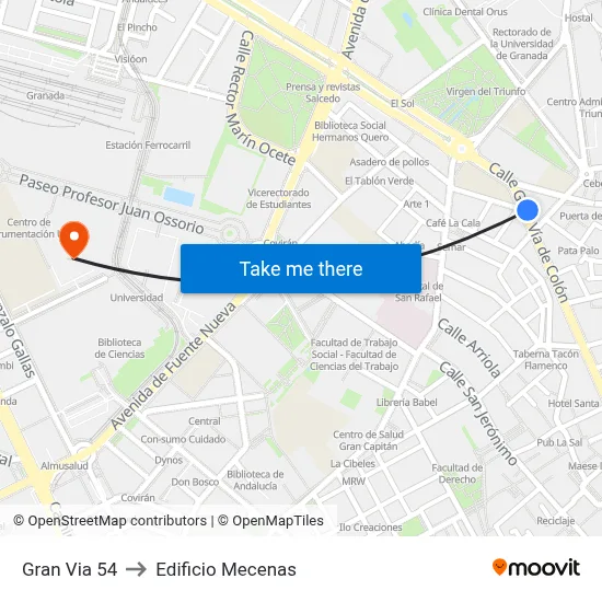 Gran Via 54 to Edificio Mecenas map