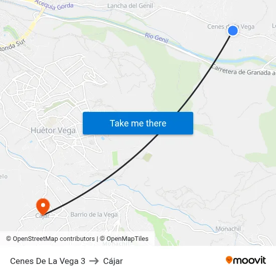Cenes De La Vega 3 to Cájar map
