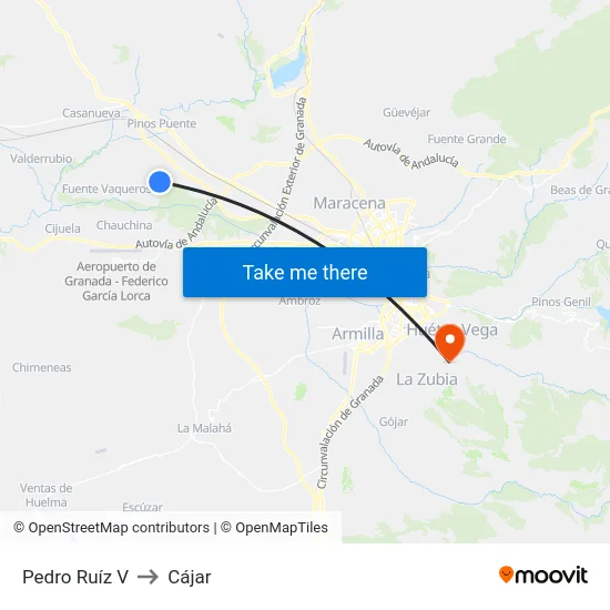 Pedro Ruíz V to Cájar map
