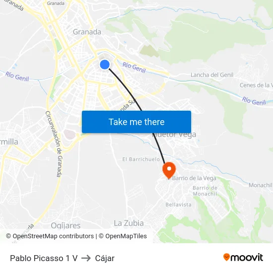 Pablo Picasso 1 V to Cájar map