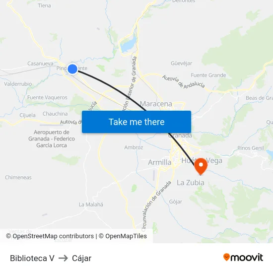 Biblioteca V to Cájar map