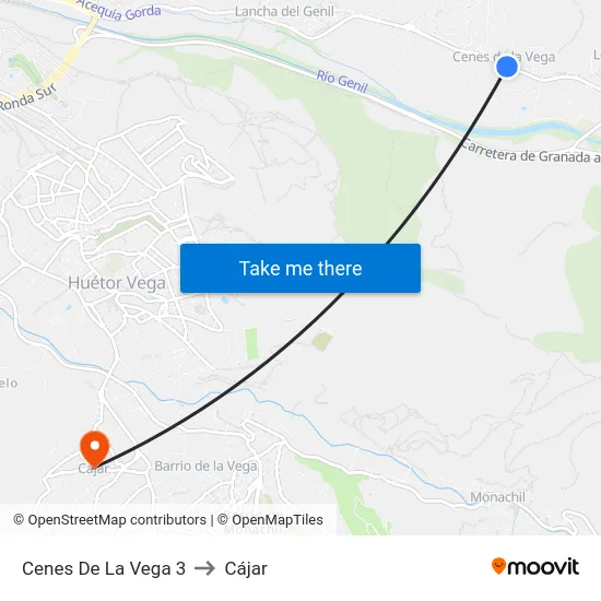 Cenes De La Vega 3 to Cájar map