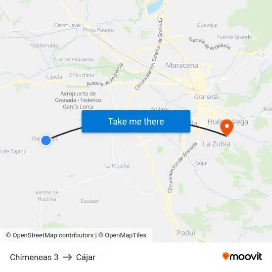 Chimeneas 3 to Cájar map