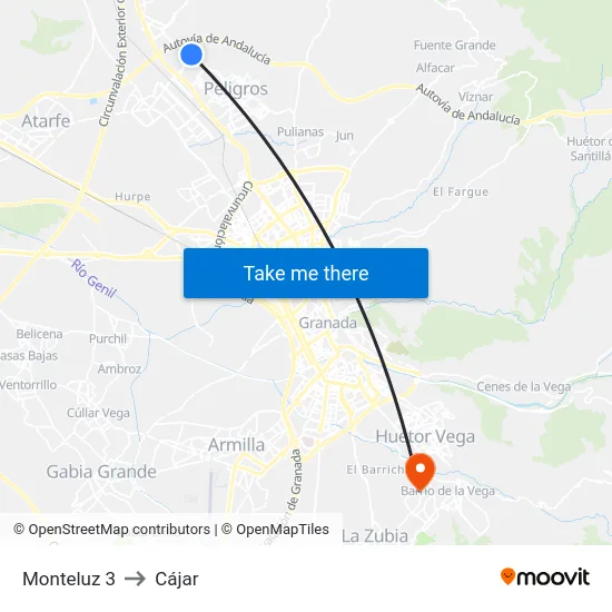 Monteluz 3 to Cájar map