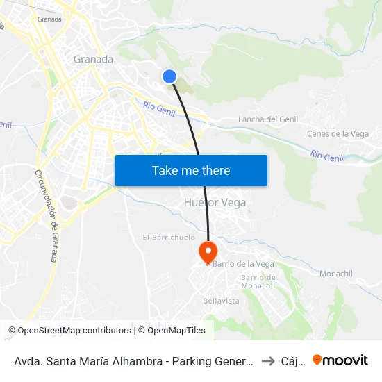 Avda. Santa María Alhambra - Parking Generalife to Cájar map