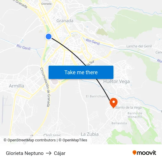 Glorieta Neptuno to Cájar map