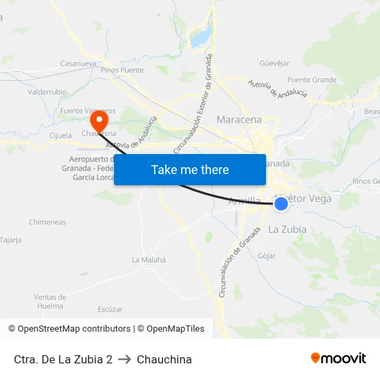 Ctra. De La Zubia 2 to Chauchina map