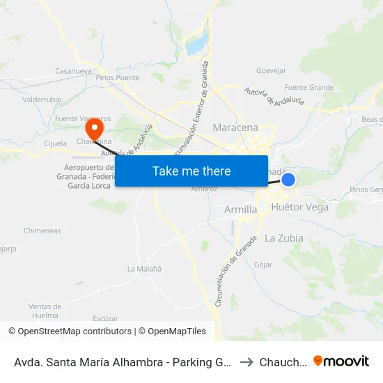 Avda. Santa María Alhambra - Parking Generalife to Chauchina map