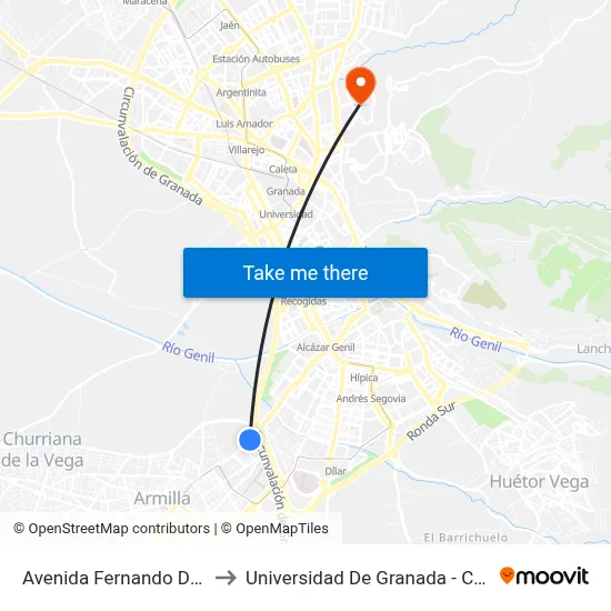 Avenida Fernando De Los Rios, 91 to Universidad De Granada - Campus De Cartuja map
