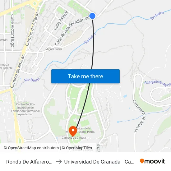 Ronda De Alfareros 18 - Aavv to Universidad De Granada - Campus De Cartuja map