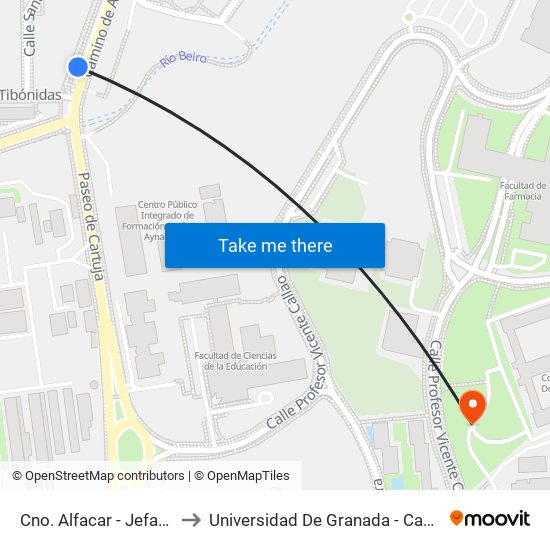 Cno. Alfacar - Jefatura Tráfico to Universidad De Granada - Campus De Cartuja map