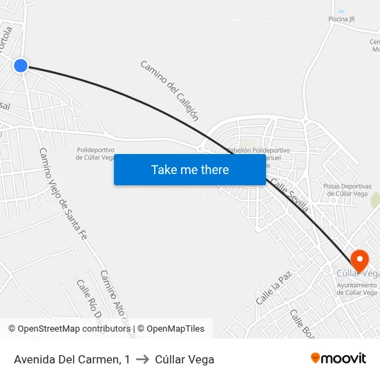 Avenida Del Carmen, 1 to Cúllar Vega map