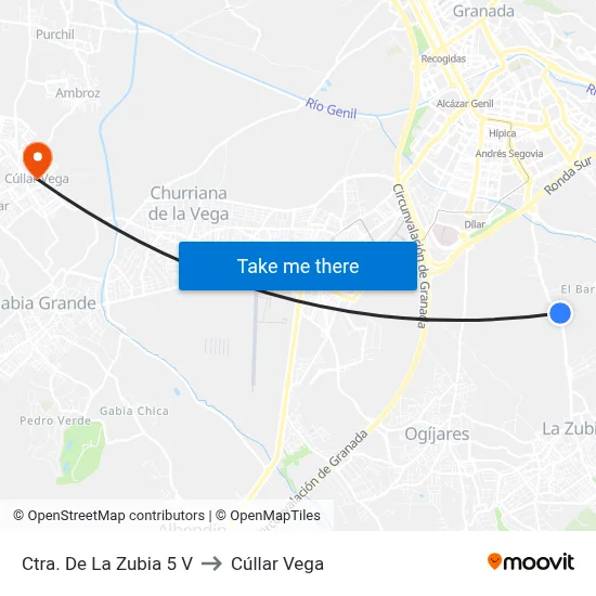 Ctra. De La Zubia 5 V to Cúllar Vega map