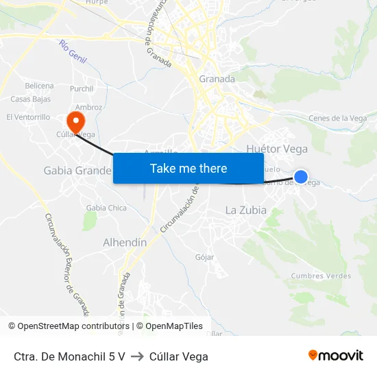 Ctra. De Monachil 5 V to Cúllar Vega map