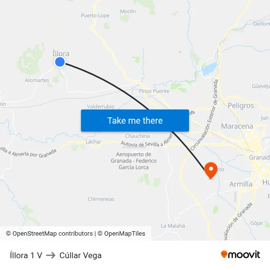 Íllora 1 V to Cúllar Vega map