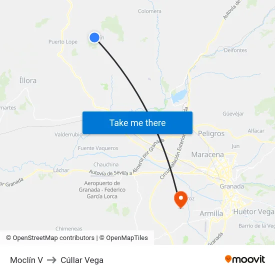 Moclín V to Cúllar Vega map
