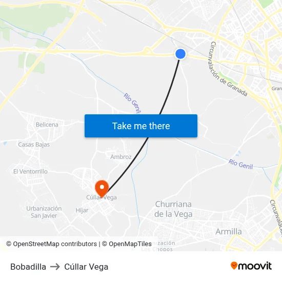 Bobadilla to Cúllar Vega map