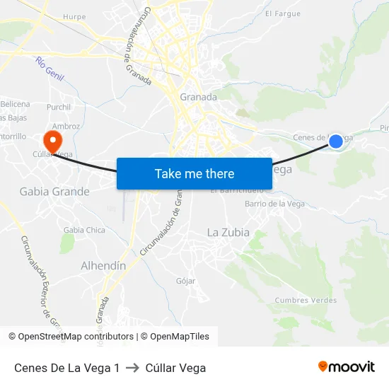 Cenes De La Vega 1 to Cúllar Vega map
