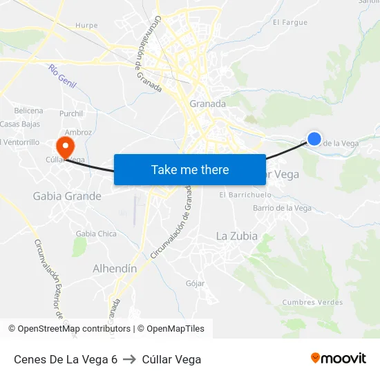 Cenes De La Vega 6 to Cúllar Vega map