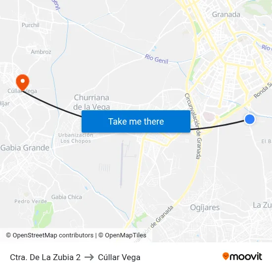 Ctra. De La Zubia 2 to Cúllar Vega map