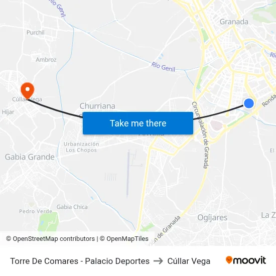 Torre De Comares - Palacio Deportes to Cúllar Vega map