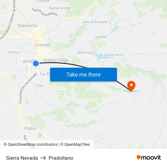 Sierra Nevada to Pradollano map