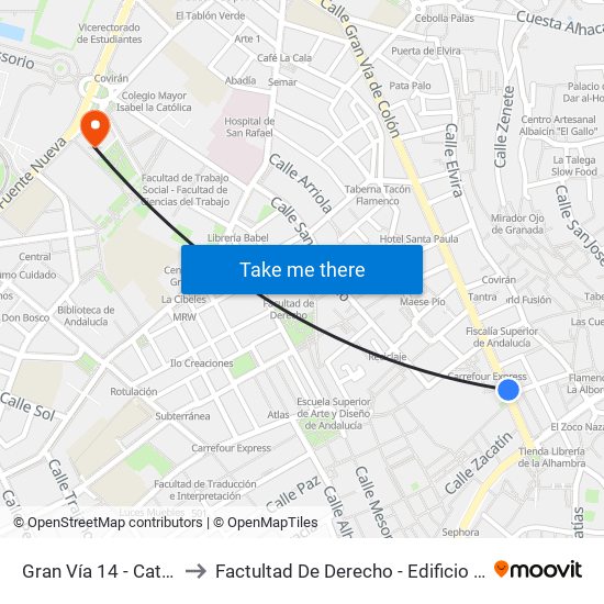 Gran Vía 14 - Catedral to Factultad De Derecho - Edificio Aulario map