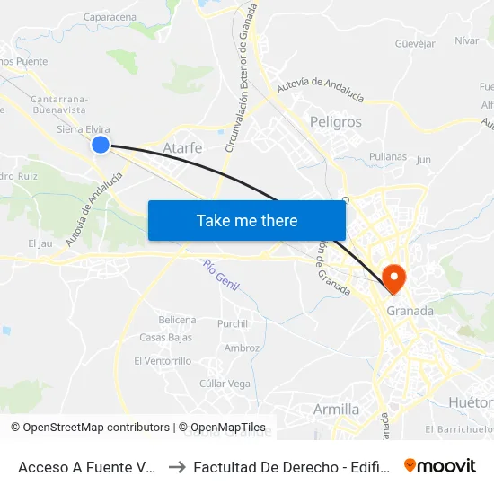 Acceso A Fuente Vaqueros to Factultad De Derecho - Edificio Aulario map