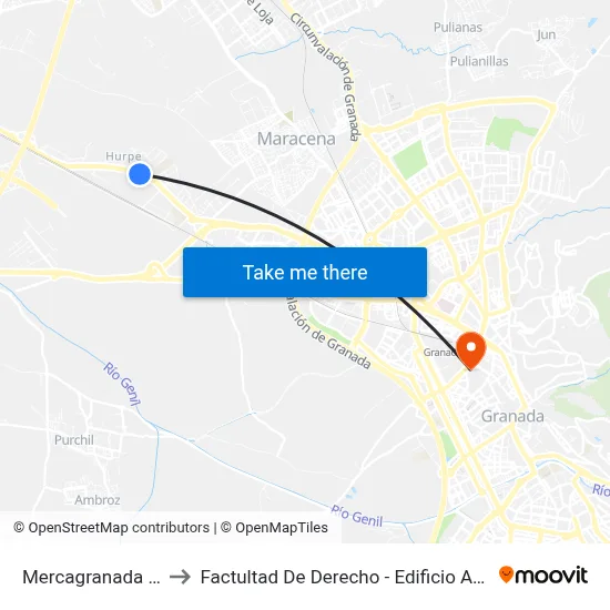 Mercagranada 1 V to Factultad De Derecho - Edificio Aulario map